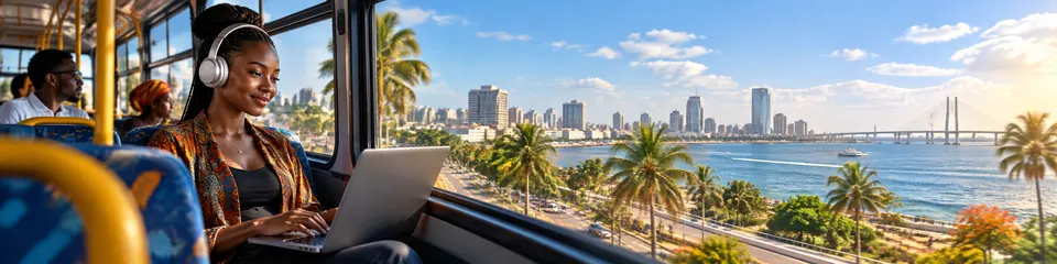 A commuter listening with headphones, laptop open, a sunlit African city skyline behind the bus window